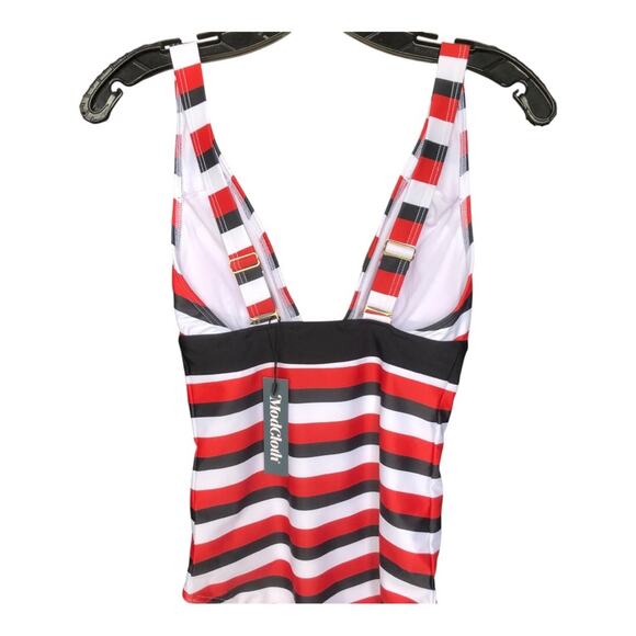 ModCloth NWT Dharla Sporty Red White Black Stripe Sexy Zip One-Piece Swimsuit XS - Picture 8 of 14
